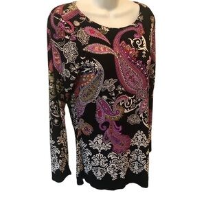 Susan Graver Liquid Knit Purple Paisley Print LS Top XS Career Tunic Scoop Neck